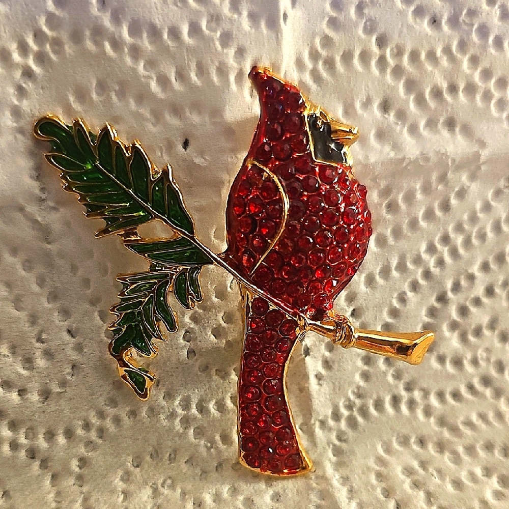 Crysral Encrusted Red Cardinal Brooch with Green Leaf
